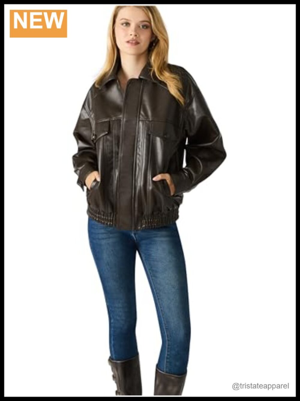 Faux Leather Trench Coat Long Sleeve Zip Front Heavyweight